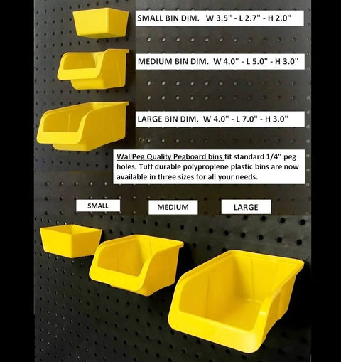 Pegboard Bin Kit For Garage And Workshop Organization with 9 Durable Plastic Bins Sized 4 X 7 X 3 Inches in small, medium, and large sizes.