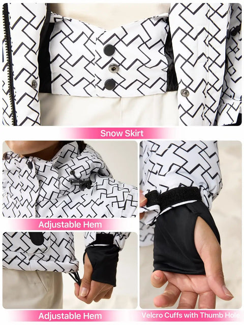 Close-up of the snow skirt, adjustable hem, and velcro cuffs on a Women's Waterproof Ski Snow Jacket with geometric pattern.