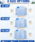 Collapsible Water Container With Spigot For Camping And Hiking, Foldable Storage Tank in 5L, 10L, and 15L sizes with measurements