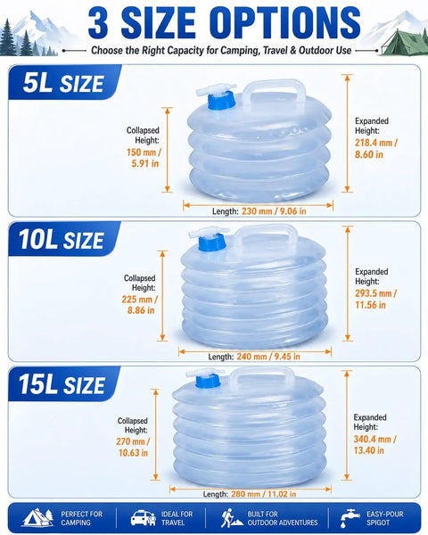Collapsible Water Container With Spigot For Camping And Hiking, Foldable Storage Tank in 5L, 10L, and 15L sizes with measurements