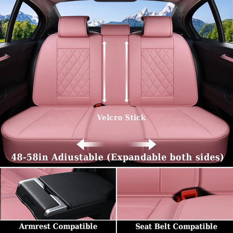 Pink Leather Car Seat Covers Full Set For Most Cars, Universal Waterproof Front And Back Seat Protector, adjustable rear view