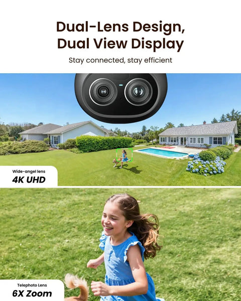 TrackFlex 4K Dual Lens Floodlight Camera With 360 Degree PTZ And 6x Hybrid Zoom showing wide-angle and telephoto lens views.
