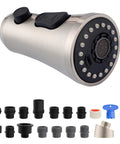 Real Deal Pull Down Kitchen Faucet Replacement Sprayer Head With Dual Push Buttons And High Pressure Rinse includes adapters and hardware components.