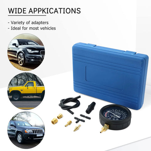Acymner vacuum and fuel pump tester gauge kit in blue case with gauge, hose, and brass adapters.