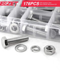 176 Piece Heavy Duty Bolts and Nuts Set in 304 Stainless Steel M6 M8 M10 Includes 8 Most Common Sizes for DIYers and Auto Pros Built To Last Hex Bolts and Nuts Kit displayed in a plastic organizer