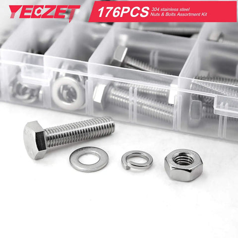 176 Piece Heavy Duty Bolts and Nuts Set in 304 Stainless Steel M6 M8 M10 Includes 8 Most Common Sizes for DIYers and Auto Pros Built To Last Hex Bolts and Nuts Kit displayed in a plastic organizer