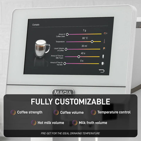 Control panel of No Hassle Super Automatic Espresso Maker With Built In Grinder And Creamy Milk Frother, displaying customizable options.