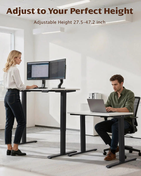 Dual Motor Electric Standing Desk Frame For Your Dope Home Office Setup Height Adjustable Sit Stand Base two people using desks