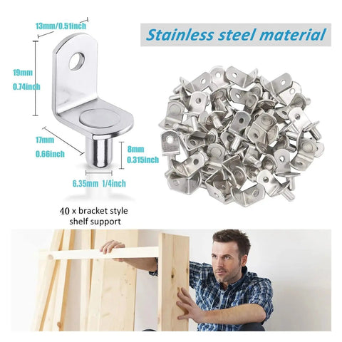 Heavy Duty L Shaped Shelf Pegs 40 Piece Set With Holes 1 4 Inch Diameter Durable Non Slip Clamps shown with measurements and use