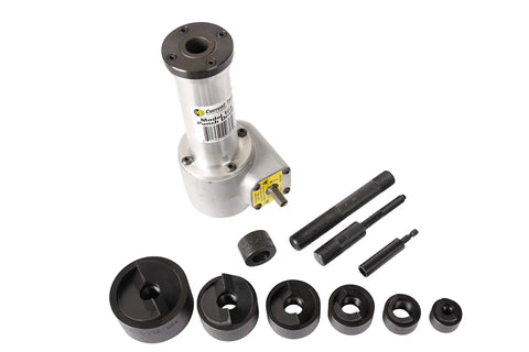 Punch Driver Knockout Set for Drill Driven Holemaking, includes punch, dies, components for up to 2 inch holes in steel.