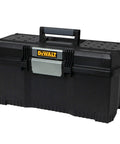One Touch 24 Inch Tool Box with Water Seal, Soft Grip Handle, and V Groove Lid for Pipes and Lumber closed view