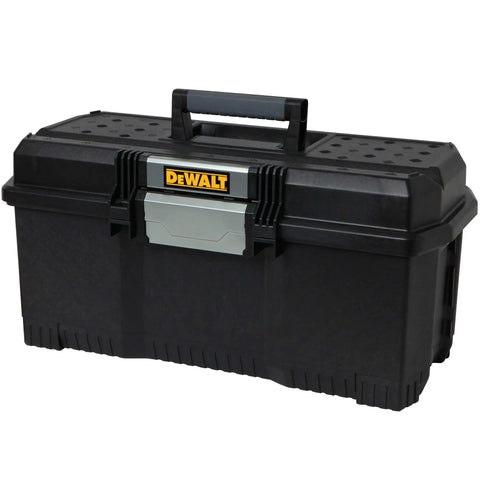 One Touch 24 Inch Tool Box with Water Seal, Soft Grip Handle, and V Groove Lid for Pipes and Lumber closed view