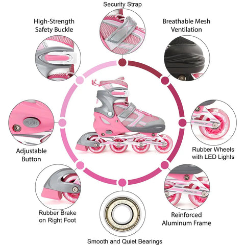 Adjustable Inline Skates For Girls With Illuminating Front Wheels Built For Cool Easy Learning Ride Comfortable And Durable Rollerblades For Beginners And Intermediate Riders showing details of adjustable button, safety buckle, LED wheels, and aluminum frame.