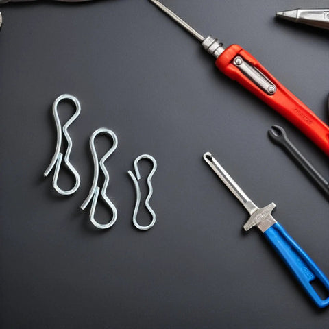 Bow Tie Lock Cotter Pins And Deck Clip Fasteners Assortment Kit including silver pins on gray background with tools