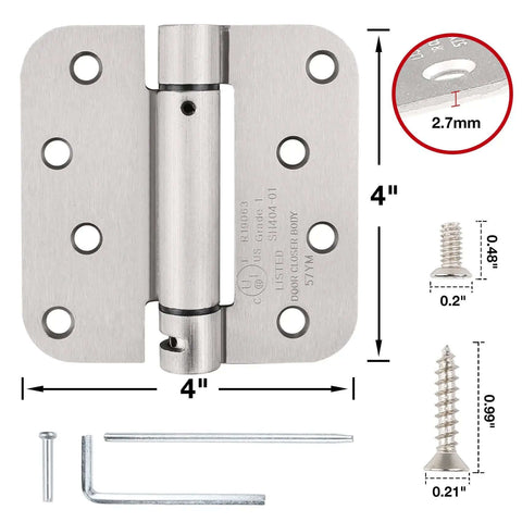 Beefy Self Closing Door Hinges Satin Nickel Finish 4x4 Inch Spring Loaded 5/8 Radius Exterior Use 8-Hole For Wood Doors Bathroom Basement Closet 2 Pack with screws and hex key