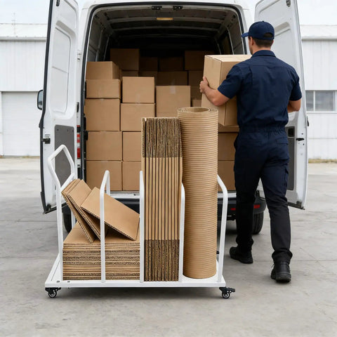 Heavy Duty Metal Carton Cart Stand With Swivel Wheels And Grip Handle Smooth Rolling White Steel Cardboard Box Holder For Warehouse, loaded with cardboard boxes in a van.