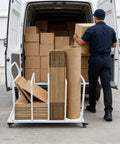 Heavy Duty Rolling Carton Stand With Adjustable Divider Slots And Smooth Lockable Wheels Solid Iron Flatbed Storage Cart Built For Warehouse Grind Or Workday Hustle White in use loading packages from van.