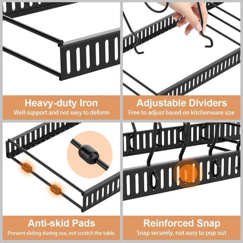 Expandable Pot And Pan Organizer Rack For Cabinet With 14 Adjustable Dividers in black metal showing features like heavy-duty iron, adjustable dividers, anti-skid pads, and reinforced snap.
