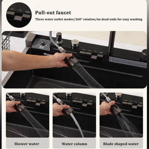 Multifunctional Black Stainless Steel Kitchen Faucet 26.8/29.5/31.5/33.5/90cm Integrated Sink Accessories for Modern Cooking (75x46x22cm) showing pull-out design with three water outlet modes.