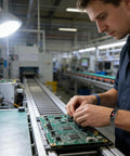 Technician wearing adjustable anti-static wrist strap with conductive fiber technology working on electronics assembly.