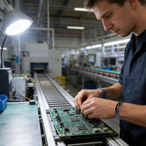 Technician wearing adjustable anti-static wrist strap with conductive fiber technology working on electronics assembly.