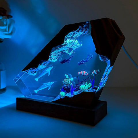 Dope Ocean Dolphin Resin Lamp Night Light With USB Port Epoxy Scuba Diver Scene Featuring Dolphins Turtles And Coral Marine Life Desk Or Bedroom Decor 6x4 Size Gift For Ocean Lovers with vivid aquatic scene