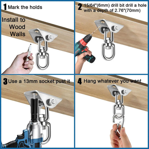 Step-by-step installation of Beefy 360 Degree Swivel Hammock Hanging Kit With Stainless Steel Hooks on wood beam, 1200 lb capacity.