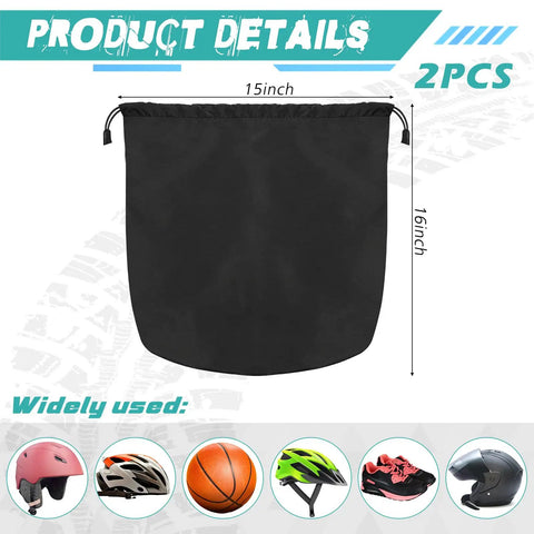 2 Pack Waterproof Motorcycle Helmet Bag With Soft Lining And Drawstring Closure, dimensions shown, suitable for various helmets.