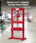 Heavy-duty red 6 Ton Hydraulic Press with adjustable table height and plate set for bending, straightening in a garage workshop