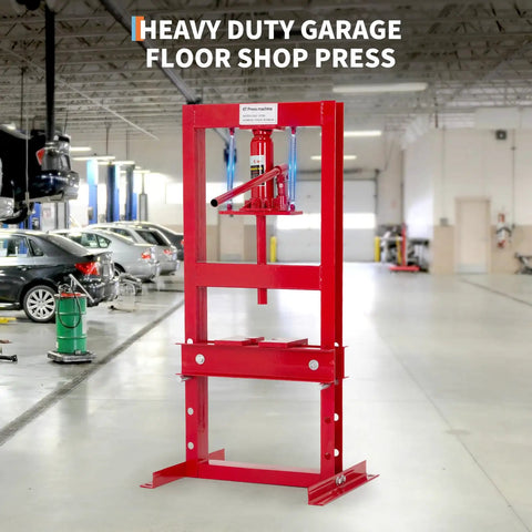 Heavy-duty red 6 Ton Hydraulic Press with adjustable table height and plate set for bending, straightening in a garage workshop