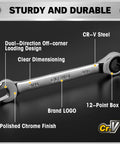 33 Piece Ratchet Wrench Set With SAE And Metric Sizing From One Quarter To Three Quarters Inches And Six To Eighteen Millimeters, polished CR-V steel wrench.