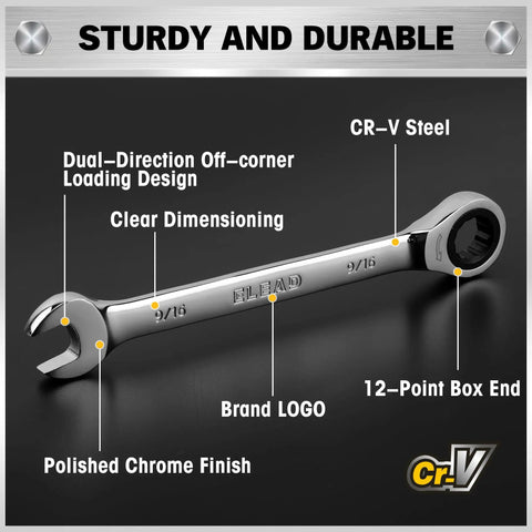 33 Piece Ratchet Wrench Set With SAE And Metric Sizing From One Quarter To Three Quarters Inches And Six To Eighteen Millimeters, polished CR-V steel wrench.