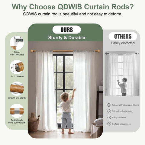 Imitation Wood Grain Leaf Pattern Curtain Rods Set 1 Inch Diameter Adjustable Heavy Duty Boho Drapery Rods with sturdy installation