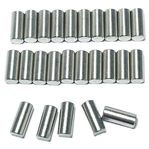 Top Grade 25 Pack Of 6Mm X 12Mm 304 Stainless Steel Dowel Pins and Precision Metal Shelf Pegs arranged on white background.