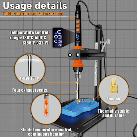 Heat Set Insert Tool Kit with 90W Digital Soldering Iron, adjustable temperature, showing exhaust vents, temperature range, and brass kit
