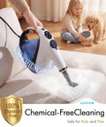Handheld Steam Cleaner Instant Heat Up 3 Seconds For Homes cleaning a couch, releasing steam, lightweight design, portable use.