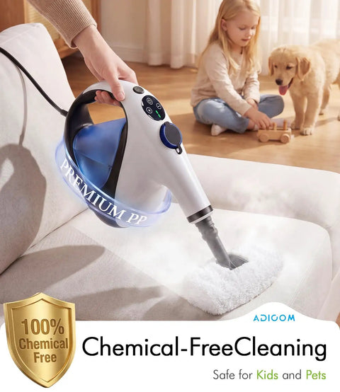 Handheld Steam Cleaner Instant Heat Up 3 Seconds For Homes cleaning a couch, releasing steam, lightweight design, portable use.