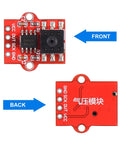 DWEII air pressure sensor module board, red PCB with 6-pin header, front and back views