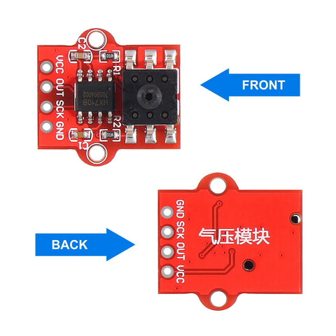 DWEII air pressure sensor module board, red PCB with 6-pin header, front and back views