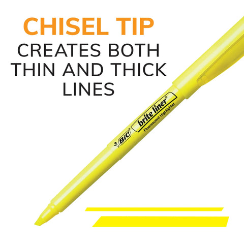 Fresh Chisel Tip Highlighters In Assorted Fluorescent Shades With Smooth Glide Ink, yellow highlighter pen with chisel tip, creates both thin and thick lines.