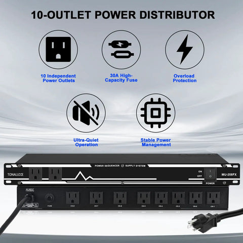 Rack Mount Power Conditioner With Ten US Outlets And Thirty Amps For Pro Audio Gear Home Theater Systems And Stage Studios with overload protection.