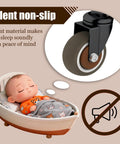Silent non-slip caster wheel with image of a sleeping baby, highlighting quiet operation and smooth motion.