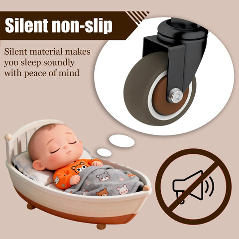 Silent non-slip caster wheel with image of a sleeping baby, highlighting quiet operation and smooth motion.