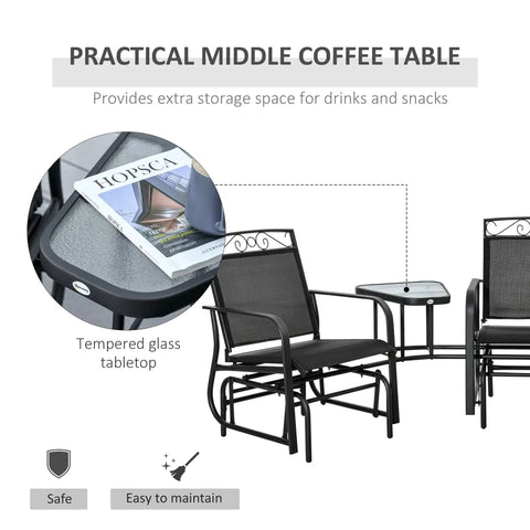 Two-Seat Outdoor Glider Chair Set With Coffee Table, tempered glass tabletop, breathable sling seats, steel frame, for patio and backyard