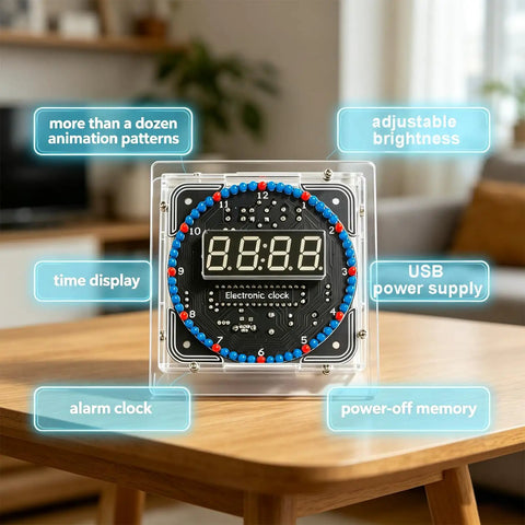 60s Clock DIY Kit for Soldering Practice, Digital Clock With Transparent Case and Power Cable, Alarm, Temperature and Time Measurement