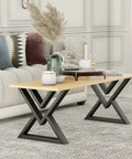 Wooden coffee table with diamond shape black metal desk legs, 16 inch set of 2, industrial modern design in living room.