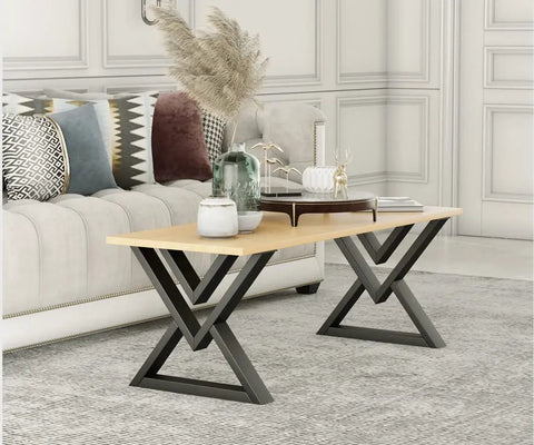Wooden coffee table with diamond shape black metal desk legs, 16 inch set of 2, industrial modern design in living room.