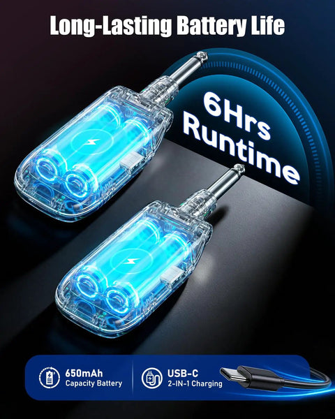 Transparent design of 5.8GHz Wireless Guitar System for Electric Guitars and Bass with crystal clear audio and long battery life.
