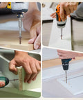 Hands using Genuine Tough Number Eight X 2 Inch Deck Screws With Star Drive Heads And No Sweat Rust Resistance for fastening wood.