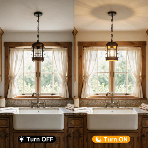 Black Farmhouse Pendant Lights for Kitchen Island, 1-Light Metal Cage Rustic Wood Pendant Light Fixtures over sink.